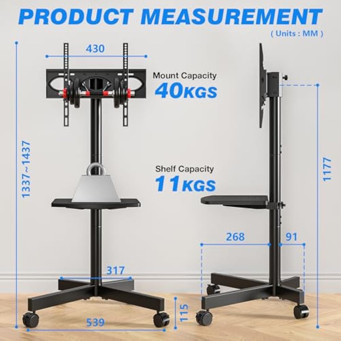 RFIVER Mobile TV Stand on wheels for 27-60 Inch TVs, Tilt Height Adjustable Rolling TV Trolley with Bracket Mount max VESA 400x400mm max 40kgs