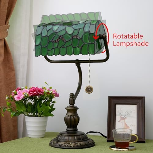 Blivuself Tiffany Style Green Bankers Desk Lamp Stained Glass Lamps Tree Leaf Vintage Bedroom Bedside Study Pull Chain Reading Desk Light Retro Office Led Adjustable Nightstand Antique Accent Deskla