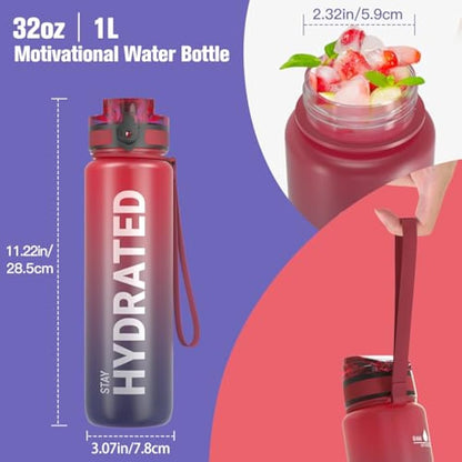 Sahara Sailor Leakproof Water Bottle 1L/500ML/750ML, Tritan BPA Free Motivational Sport Drinks Bottle with Clear Time Marker, Lock Cover, Easy Clean Brush, Durable for Gym, School, Cycling (1 Bottle)