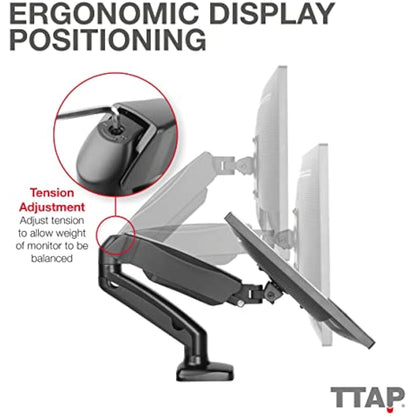TTAP Single Gas Spring Monitor Arm Desk Mount Height Adjustable Fits 17” to 32" Monitors Maximum 9KG weight with VESA 75x75 and 100x100mm Clamp and Grommet Base Full Motion Monitor Mount