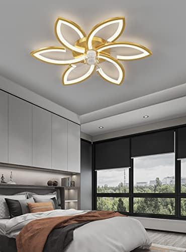 Silent Ceiling Fan with Light, Ceiling Fan with Remote Control and Lighting APP dimmable Brightness 70W Creative Acrylic Flower Shape Ceiling lamp with Fan (Gold)