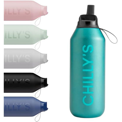 Chilly's Series 2 Flip Water Bottle with Sports Lid, Telescopic Straw and Nylon Carry Loop - Easy Flip Lid, Straw Cleaning Brush Included