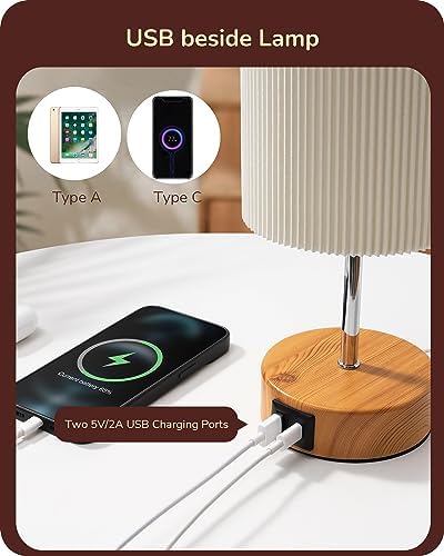EDISHINE Bedside Lamps Set of 2, Touch Table Lamps with 2 USB Ports, Pleated Fabric Shade, 3 Way Dimmable Lamp for Bedroom, Living Room, Home Office, Wood (Bulb Included)