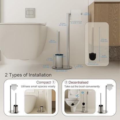 BVL Toilet Roll Holder with Toilet Brush Brushed, Stainless Steel Free Standing Toilet Brush, Toilet Brush and Toilet Paper Holder