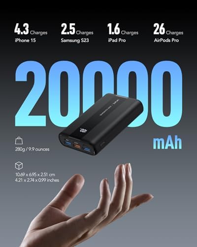 VRURC Power Bank 20000mAh,Portable Charge Fast Charging USB C 22.5W Small Battery Pack PD QC 3.0 with 3 Input &4 Output Compatible iPhone Samsung,Smartphones Tablets and More