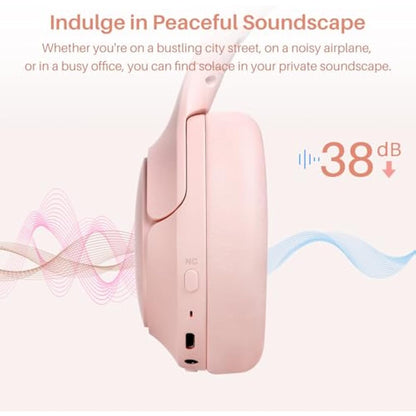 TOZO HT2 Hybrid Active Noise Cancelling Headphones, Wireless Over Ear Bluetooth Headphones, 60H Playtime, Hi-Res Audio Custom EQ via App Deep Bass Comfort Fit Ear Cups, for Home Office Travel Pink