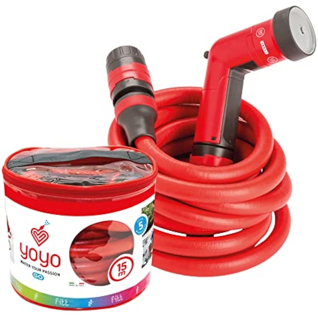 FITT YOYO 15 m, Extendable and Flexible Garden Water Hose Pipe with Multi-Function Spray Gun, Red