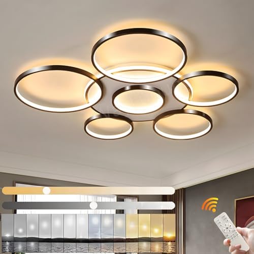 LED Ceiling Light | Modern 7-Rings Living Room Ceiling Lamp | black Round Circle 120W/Ø110cm | Bedroom Ceiling Lamps Fixture | 2800K-6000K Dimmable With Remote Control | Restaurant Indoor Ceiling Lamp