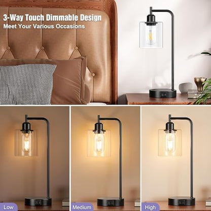 Aooshine Bedside Lamps Set of 2, Industrial Touch Lamps Bedside with USB C+A Charging Ports, Bedside Table Lamps for Bedroom, Black Bedside Lamps with Clear Glass Shade for Living Room(Bulbs Included)