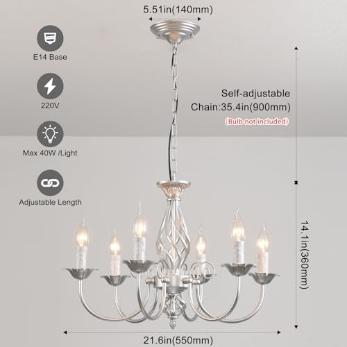 JIINOO French Country Chandeliers,Rustic Pendant Chandelier,Silver Vintage Height Adjustable Candle Wrought Iron Chandelier,6 Lights Farmhouse Pendant Light Fixture for Kitchen Dining Room Living Room