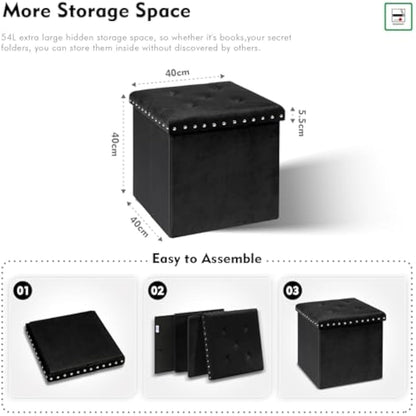Bonlife Velvet Ottoman with Storage,Large Storage Boxes with Lids,Folding Coffee Table Ottoman Seat,Footstool for Living Room,Black,40x40x40cm