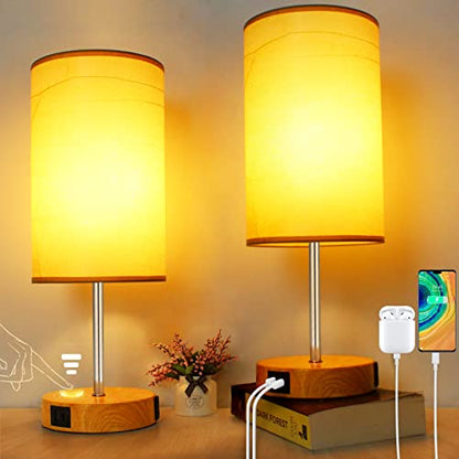 Wondlumi Bedside Lamps Set of 2, Modern Table Lamp with Type C & USB A Charging Ports, 3 Way Dimmable Table Light with Yellow Kraft Lampshade for