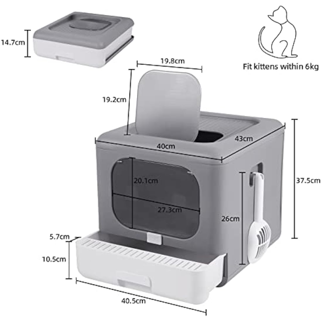 BingoPaw Cat Litter Tray Box: Foldable Top Entry Large Cats Toilet with Lid - Hooded Kitten Litter Tray Easy Cleaning Drawer Design with Scoop Grey