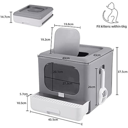 BingoPaw Cat Litter Tray Box: Foldable Top Entry Large Cats Toilet with Lid - Hooded Kitten Litter Tray Easy Cleaning Drawer Design with Scoop Grey