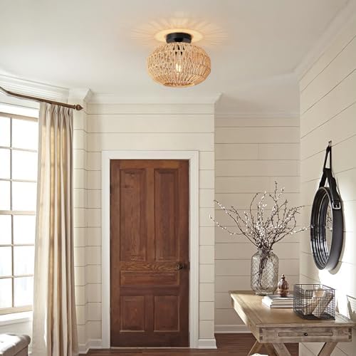 FORCOSO Rattan Ceiling Light, Boho Lamp Light Shade Rattan Lampshade, E27 Vintage Chandelier Light Fitting, Rustic Ceiling Lamp Fixtures for Living Room Bedroom Dining Room Kitchen Hallway