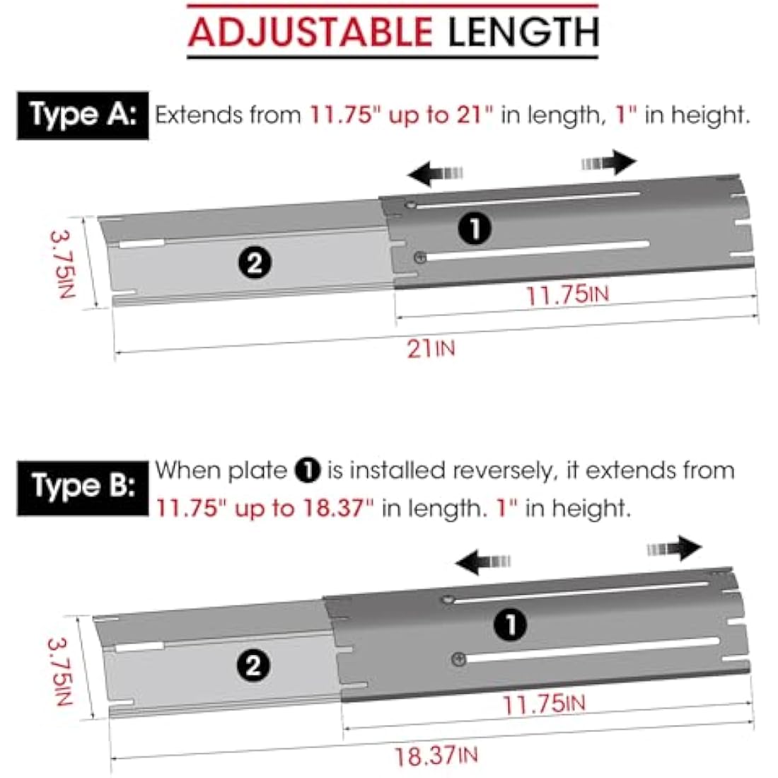 Unicook Barbecue Heat Plate, Heavy Duty Adjustable Porcelain Steel Heat Shield, Gas BBQ Replacement Parts, Length Extends from 29.8cm up to 53.3cm, 4 Pack