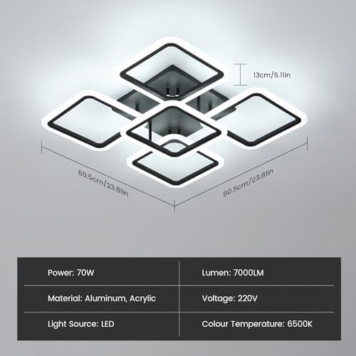Comely LED Ceiling Light, 61W 7000LM Black Ceiling Lamp Modern, 5 Square Chandeliers 6500K Lighting Fixture for Living Room, Kitchen, Hallway, Dining Room, Bedroom