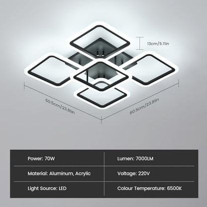 Comely LED Ceiling Light, 61W 7000LM Black Ceiling Lamp Modern, 5 Square Chandeliers 6500K Lighting Fixture for Living Room, Kitchen, Hallway, Dining Room, Bedroom