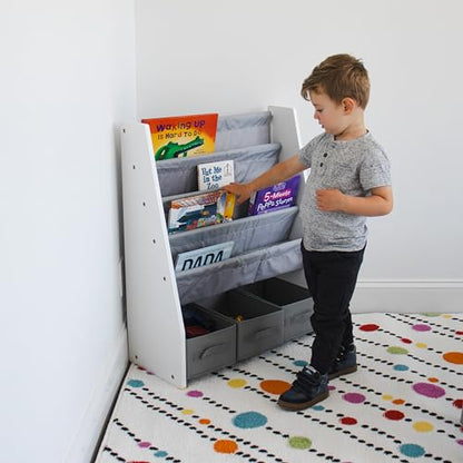 Humble Crew Inspire Wooden Bookshelf for Children, 4 Tier Book Storage Shelf with Deep Fabric Pockets, 3 Collapsable Bin Organisers, Forward Facing