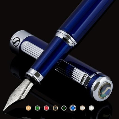 Scriveiner Blue Lacquer Fountain Pen Stunning Pen with Chrome Finish, Schmidt Nib (Fine), Best Pen Gift Set for Men & Women, Professional, Executive, Office, Nice Pens