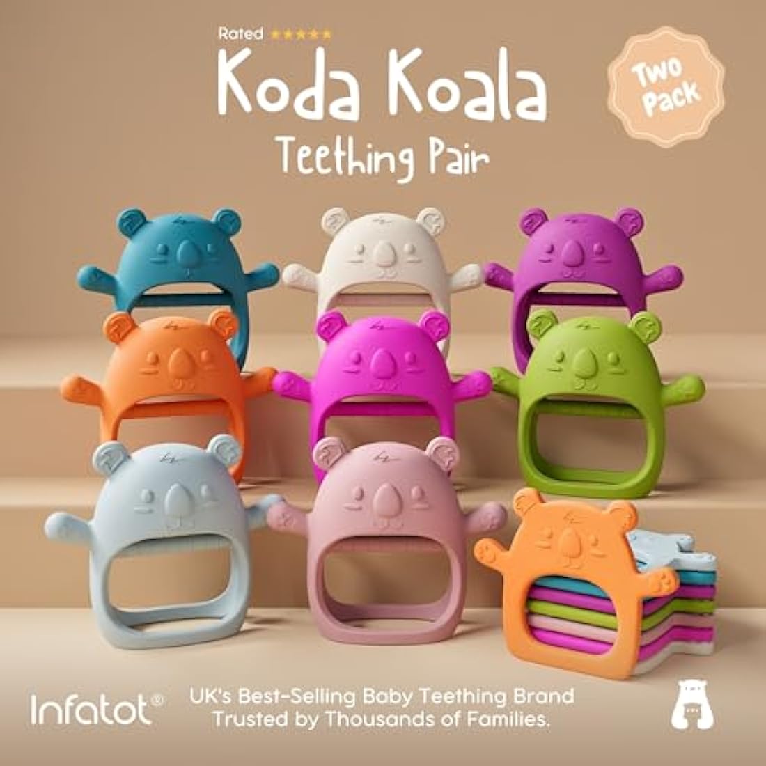 Infatot® Teething Toys for Baby Gifts – 2-Pack Koda Koala Teether Mitten Glove, Soothing Hand Teethers for Infants, Baby Toys 0-6 Months and Up, Newborn Essentials for Teething Relief, Orange