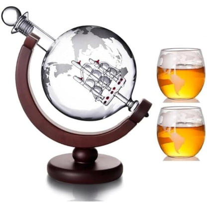 Whiskey Globe Decanter with Glasses Set, Whiskey Carafe Set with 1 Decanter and 2 Glasses with Ship for Scotch, Vodka Gift