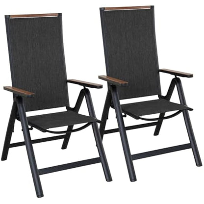Grand patio folding chair, Aluminium garden chairs set of 2 with Armrest & Mesh breathable Seat, Adjustable 6 Position High Backrest, foldable dining chair for Outdoor, Garden, Dining room (Black)