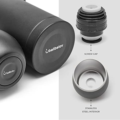 balibetov Complete Yerba Mate Set - Modern Mate Gourd, Vacuum Flask, Bombilla and Cleaning Brush Included - All Premium Quality 304 18/8 Stainless Steel (Black)