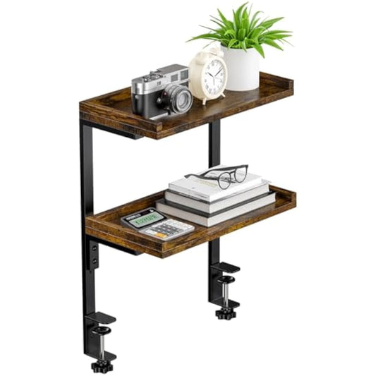 THYGIFTREE Clamp On Desk Shelf 2-Tier, Wood Shelving Unit for Office Gaming Accessories, Tabletop Book Storage Rack, Shelf for Top of Desk, Brown