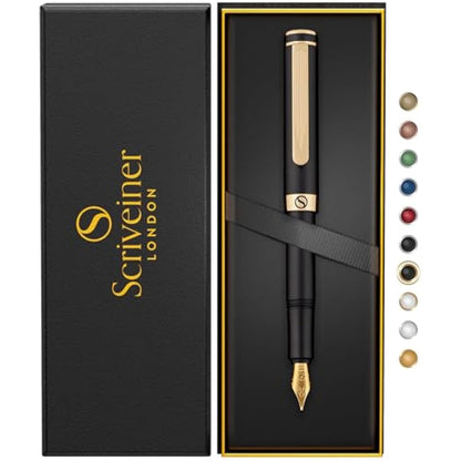 Scriveiner Luxury EDC Fountain Pen (Fine), Stunning Black Pocket Pen, Real Gold Plating, Schmidt Gilded Nib, Converter, Best Writing Pen Gift Set for Men & Women, Nice Fancy Office Designer Pen