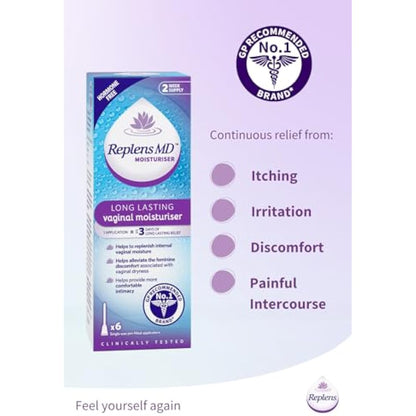Replens Long Lasting Vaginal Moisturiser, Up to 3 days of long-lasting relief from vaginal dryness, Relieves Discomfort, Hormone Free, Clinically Tested, Pack of 6 Pre-Filled Applicators