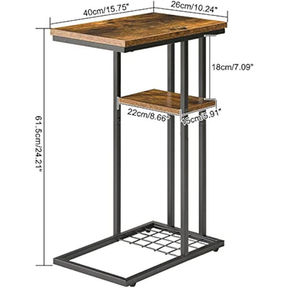 YMYNY C-Shaped End Table Set of 2, Side Table for Sofa and Bed, Coffee Table for Small Spaces, Living Room, Bedroom, Industrial Small Table with Storage Shelf and Metal Frame, Rustic Brown, HST004H-2