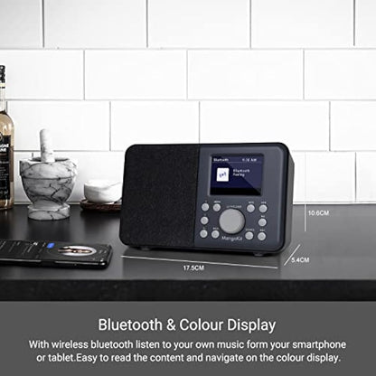 MangoKit MD3 DAB Radio with Bluetooth, Portable DAB+ Digital Radios, Kitchen FM Radio w/Color Display,40 Preset Stations,Alarms and Clock,Snooze Timer, DAB Radio Mains and Battery Powered -Dark Grey