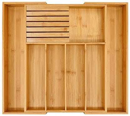 VaeFae Bamboo Cutlery Organiser for Kitchen, Wooden Utensil Drawer Organiser, Expandable Cutlery Tray and Utensil Holder