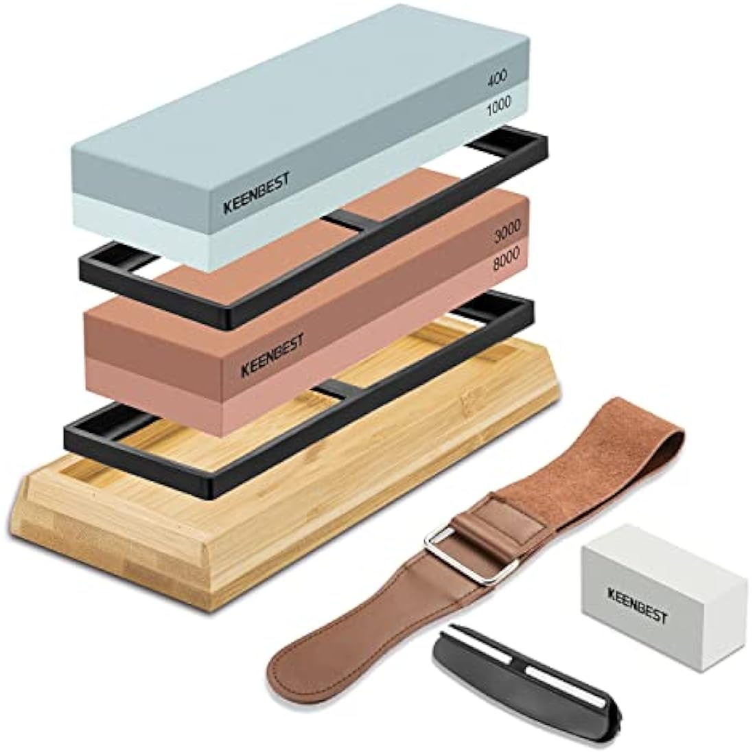 KEENBEST Actual Grit Premium Material Sharpening Stone Set 400 1000 3000 8000 Whetstone Japanese Knife Sharpener Stone Wetstones for Sharpening Knives Wet Stone Red