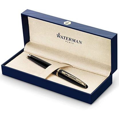 Waterman Carène Black Sea Fountain Pen | High-Gloss Black & 23k Gold Clip | Medium Nib with Blue Ink Cartridge | Gift Box