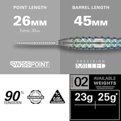 TARGET Darts Rove Steel Tip Swiss Point Darts, 90% Tungsten Dart Set | Steel Tip Dart, Green & Silver Darts, Professional Dart Set with Swiss Points & Tool | Barrel 01/02/03 –22G/23G/24G/25G