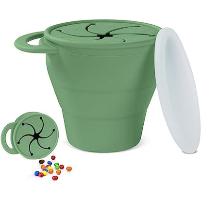 Vicloon Collapsible Silicone Baby Snack Cup, Baby Snack Cup, Silicone Snack Cup Non Spill Snack Pot for Baby, Snack Catcher Food Cup with Lid, Snack Pot for Toddler (Green)