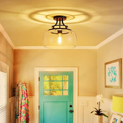WUZUPS Chandelier Rustic Farmhouse Industrial Round Semi-flushmount Ceiling LED Light Fixture with Clear Glass Shades for Bathroom Kitchen Foyer Entryway, H 30 x W 34, E27 Base, Black