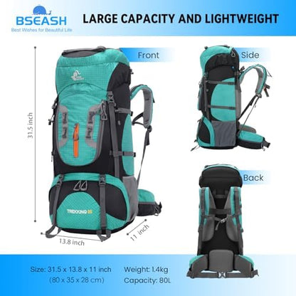 Bseash 80L Waterproof Hiking Camping Backpack with Rain Cover, Large Capacity Outdoor Sport Travel Daypack Rucksack for Climbing Skiing