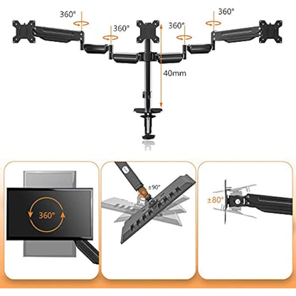 Triple Monitor Mount Stand for 3 Monitors, Adjustable Gas Spring Monitor Arm Desk Mount with Tilt Swivel Rotation for Three 17-27 inch Screens up to 6kg Each, 2 Install Options (MD8003)