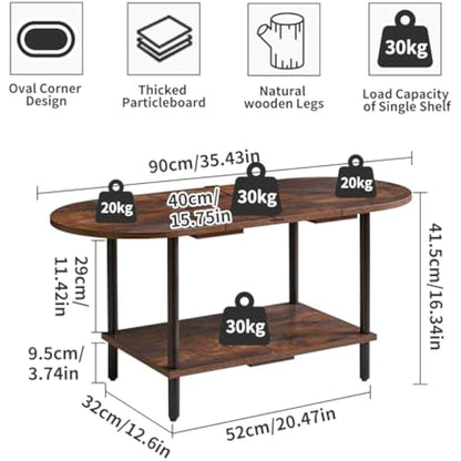 Aibiju Small Coffee Table, Living Room Table, Wooden Coffee Table with 2 Tier Storage Shelves for Living Room/Office, 35x16x17inch Rustic Brown+Black Legs, YD-011H