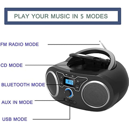 Portable Personal CD Player with FM Radio Stereo Sound, Bluetooth, USB, AUX-IN, Headphone Output, MP3 CDs Compatible, Clear and Full Sound, AC/DC Operated for Home or Outdoor