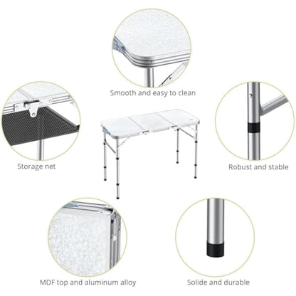 Anbte Folding Camping Table, 88 cm x 40 cm Aluminum Folding Table 3 Adjustable Height, Camping Table with Storage Net and Bag, Portable Table for Outdoor, Backyard, Picnic, Garden, BBQ, Silver