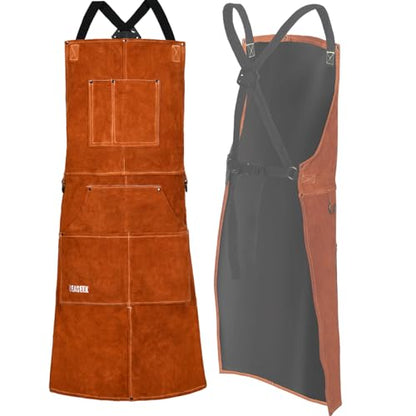 Leather Welding Work Apron - Heat Resistant & Flame Resistant Bib Apron, Flame Retardant Heavy Duty BBQ, Adjustable One Size Fit Most