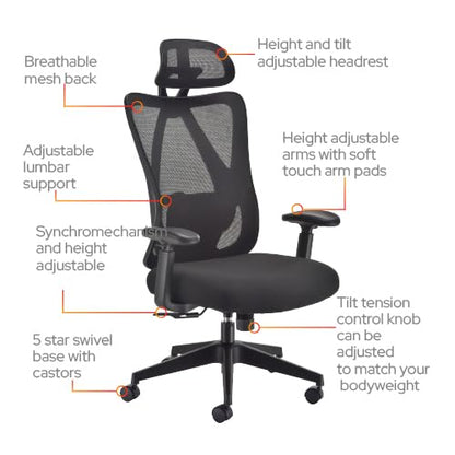 Office Hippo Ergonomic Mesh Office Desk Chair, Adjustable Arms, Swivel Chair with 2D Adjustable Lumbar Support, Headrest & Tension Control