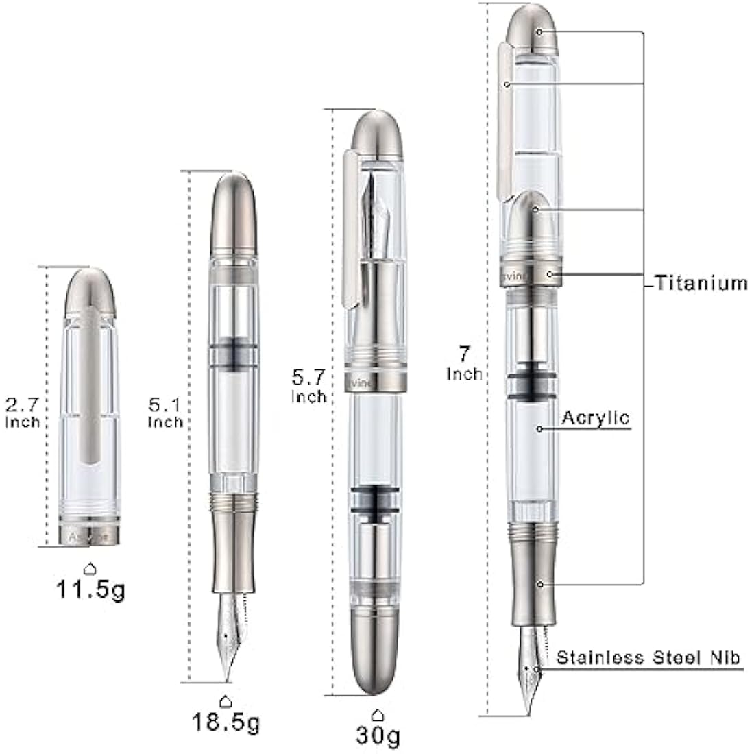 Asvine P36 Titanium Fountain Pen Piston Filling, Irdium Mediun Nib Clear Transparent Acrylic Smooth Writing Pen Case Set, Torpedo shape