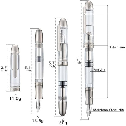 Asvine P36 Titanium Fountain Pen Piston Filling, Irdium Mediun Nib Clear Transparent Acrylic Smooth Writing Pen Case Set, Torpedo shape