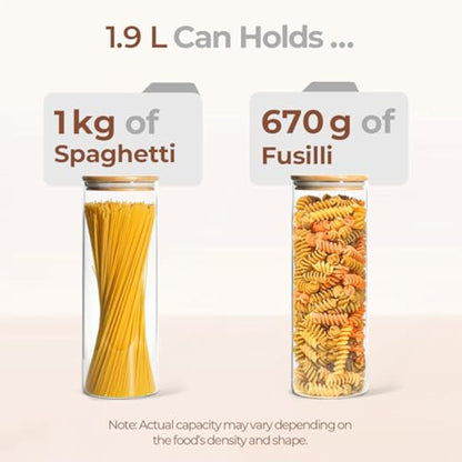 ComSaf 1.9L Glass Spaghetti Pasta Storage Container with Lids Set of 3, Tall Clear Airtight Food Storage Jar with Cover Kitchen Pantry Storage Container for Noodles Flour Cereal Coffee Beans