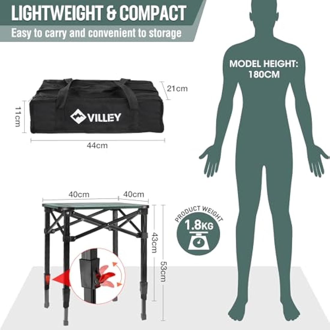 VILLEY Camping Table Folding, Small Lightweight Roll Up Aluminum Camp Table with Carry Bag, Adjustable Height Portable Outdoor Table for Picnic, Beach, Hiking, Fishing